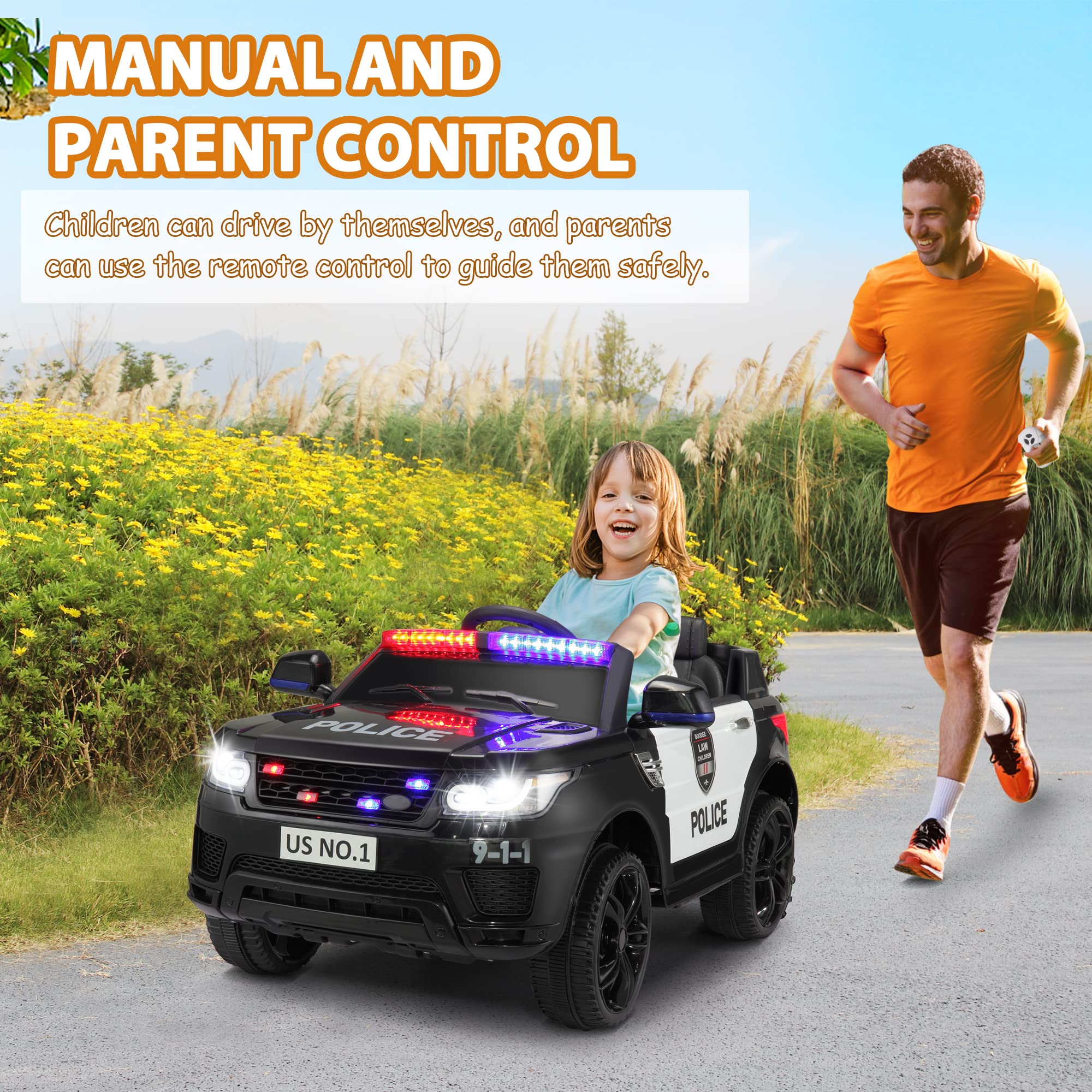 TOBBI Police Car Ride on 12V Electric Car for Kids Battery Powered Ride-on Toys Cop Cars with Remote Control, Siren, Flashing Lights, Music, Spring Suspension, Carbon Black