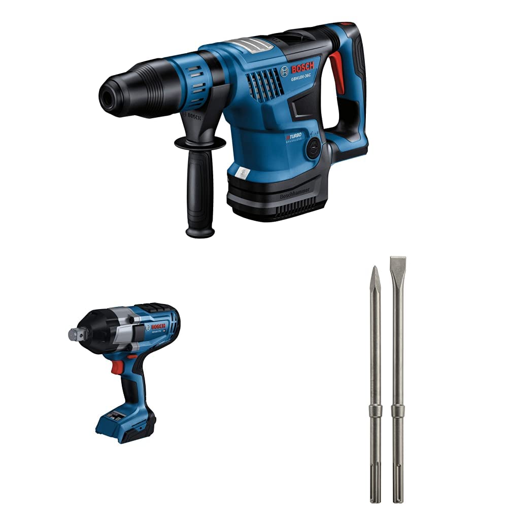 BOSCH GBH18V-36CN 18V PROFACTOR 1-1/4" SDS-max Rotary Hammer (Bare Tool), GDS18V-770N 18V Cordless 3/4 In. Impact Wrench with Friction Ring and Thru-Hole (Bare Tool), and HS19R2PK 2 Piece SDS-max®