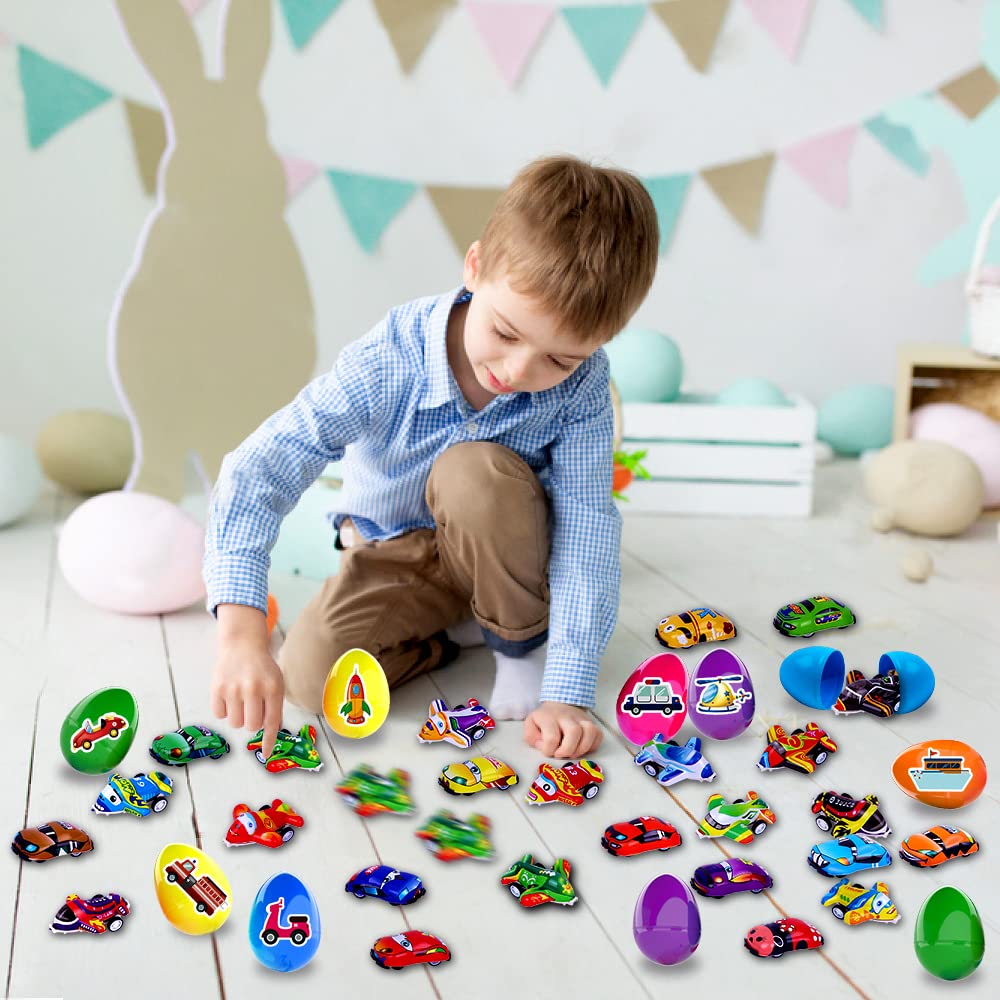 JOICEE Easter Eggs Pre Filled with Pull Back Ca0rs Planes, Plastic Easter Eggs with 24pcs Cars and Airplane Toys and Fun Tattoos for Easter Party Favors Classroom Activity Gifts for Boys