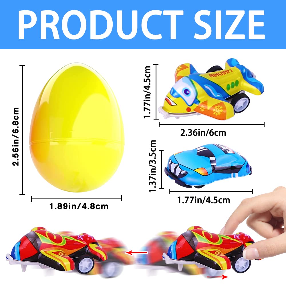 JOICEE Easter Eggs Pre Filled with Pull Back Ca0rs Planes, Plastic Easter Eggs with 24pcs Cars and Airplane Toys and Fun Tattoos for Easter Party Favors Classroom Activity Gifts for Boys