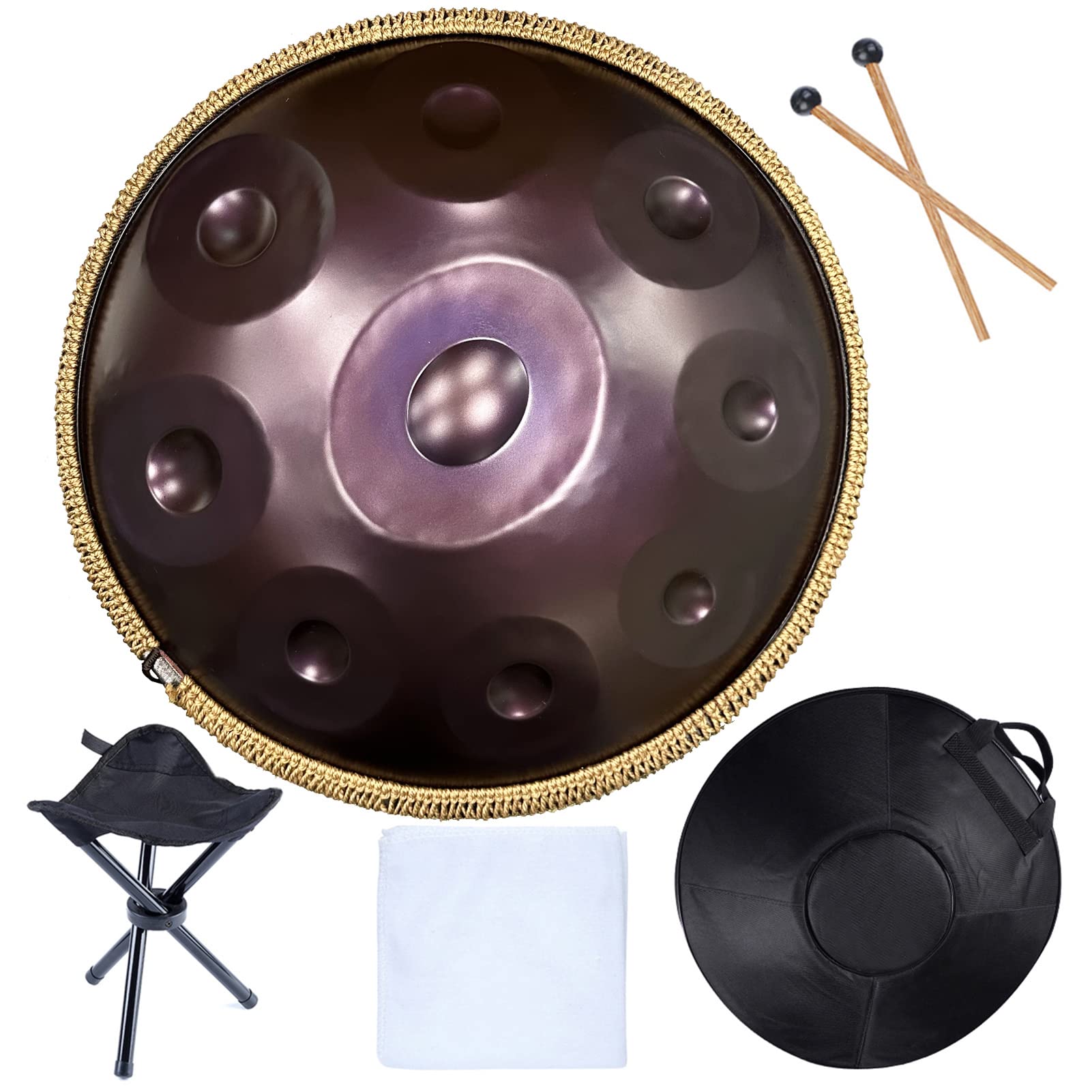 LingTing Handpan Drums Sets 18 inches D Minor Steel Hand Drum with Soft Hand Pan Bag, 2 handpan mallet,Handpan Stand,dust-free cloth (Purple,9 Notes)