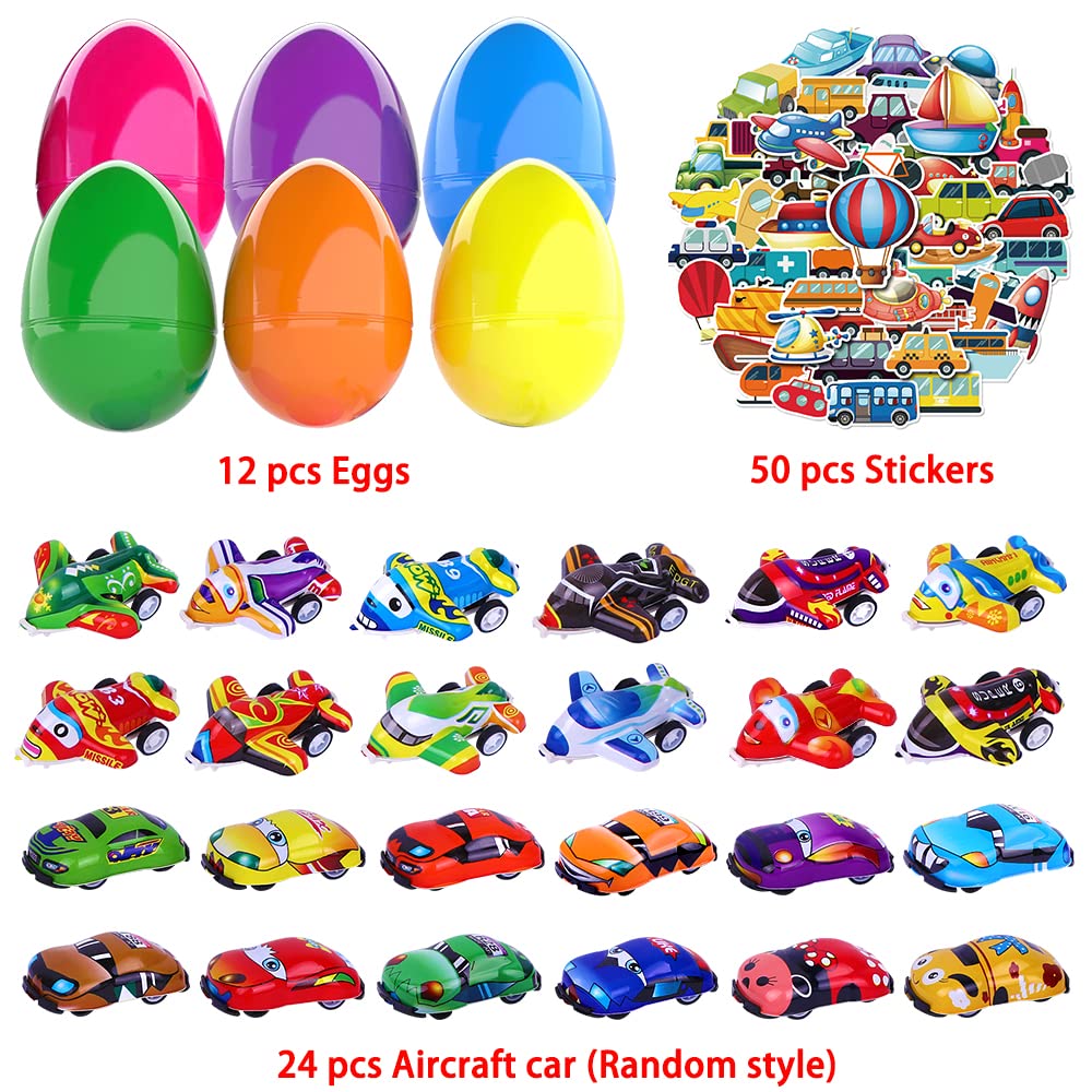 JOICEE Easter Eggs Pre Filled with Pull Back Ca0rs Planes, Plastic Easter Eggs with 24pcs Cars and Airplane Toys and Fun Tattoos for Easter Party Favors Classroom Activity Gifts for Boys