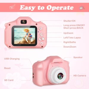 Zeacool Kids Camera,HD Digital Video Camera,Childrens Toys for 3 4 5 6 7 8 9 10 11 12 Year Old Boys/Girls,Selfie Camera for Kids,Christmas Birthday Gifts with 32GB SD Card(Pink)