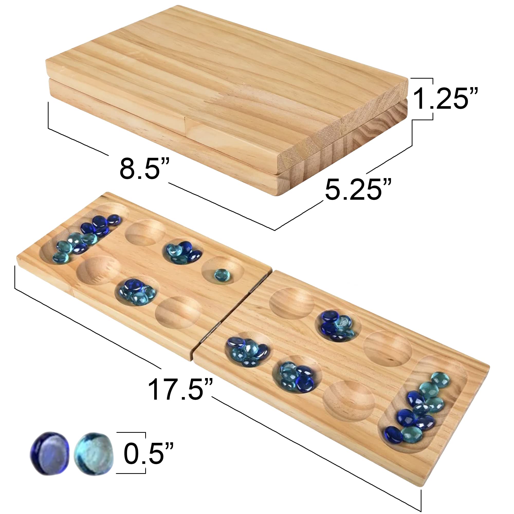 Gamie Wooden Mancala Board Game Set - Foldable Mancala with 48 Color Stones - Classic 2 Player Games for Adults and Kids with Instructions - Travel Board Games for Road Trips or Long Flights