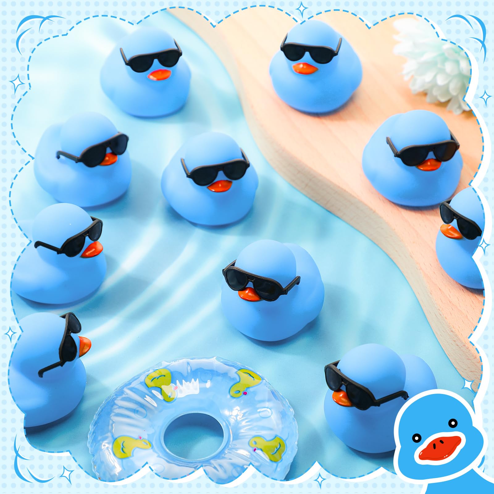 36 Packs Mini Rubber Ducks with Sunglasses Sets Duck Bath Toys Squeaky Rubber Ducks Cute Float Bathtub Duckies for Little One Birthday Party Favors Class Carnival Prizes Car Decor(Blue)