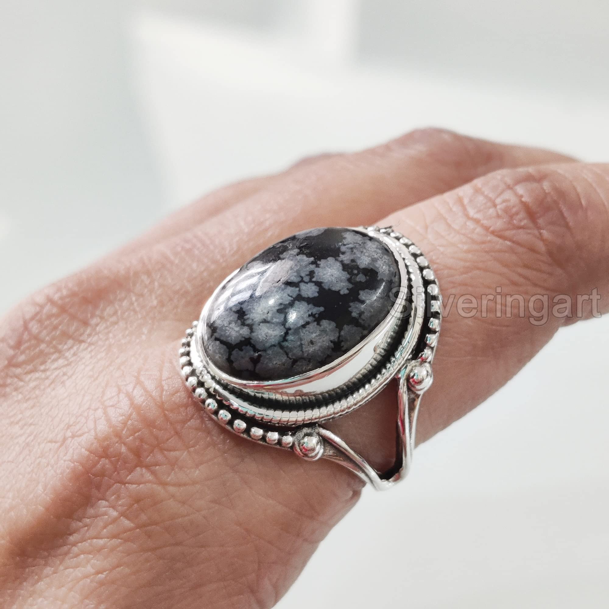 Natural Snowflake Obsidian Ring, Snowflake Obsidian Ring, Birthstone, Bohemian Band, 925 Sterling Silver, Womens Ring, Christmas, Thanksgiving, Handmade, Statement Jewelry, Natural Gemstone Ring