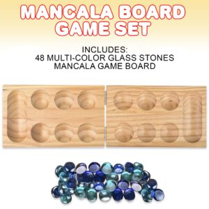 Gamie Wooden Mancala Board Game Set - Foldable Mancala with 48 Color Stones - Classic 2 Player Games for Adults and Kids with Instructions - Travel Board Games for Road Trips or Long Flights