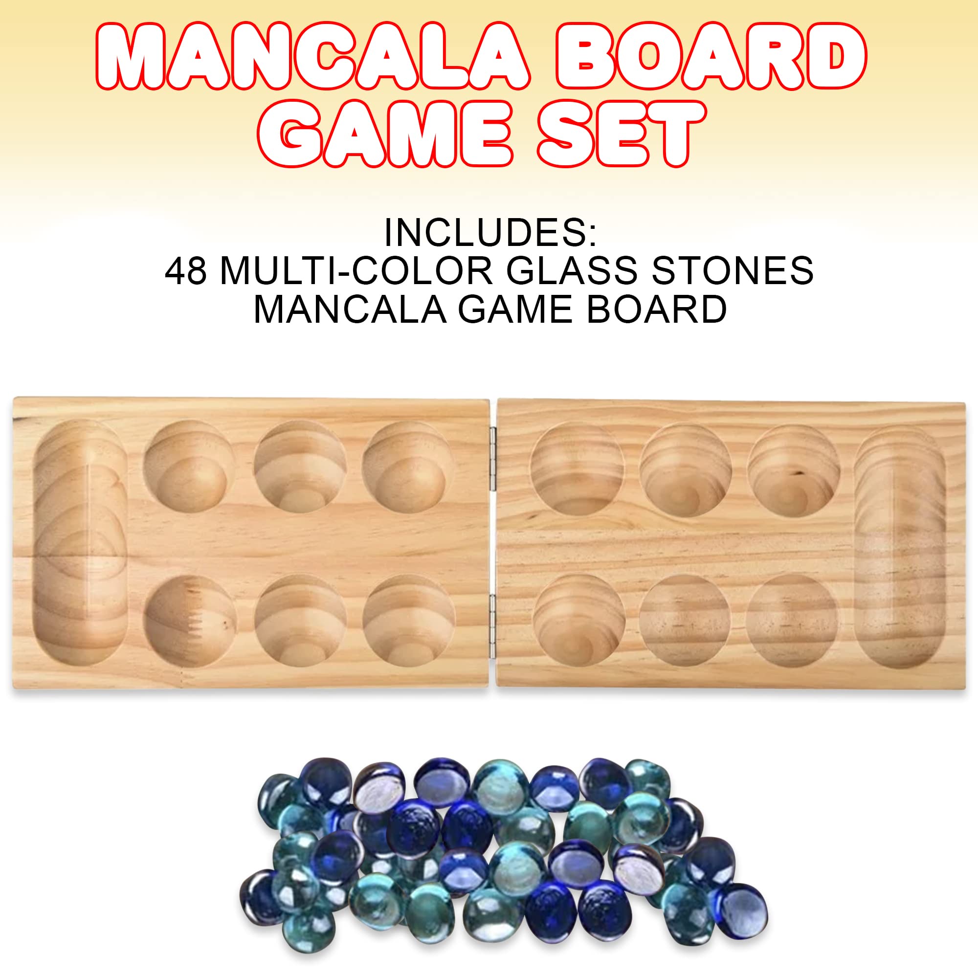 Gamie Wooden Mancala Board Game Set - Foldable Mancala with 48 Color Stones - Classic 2 Player Games for Adults and Kids with Instructions - Travel Board Games for Road Trips or Long Flights