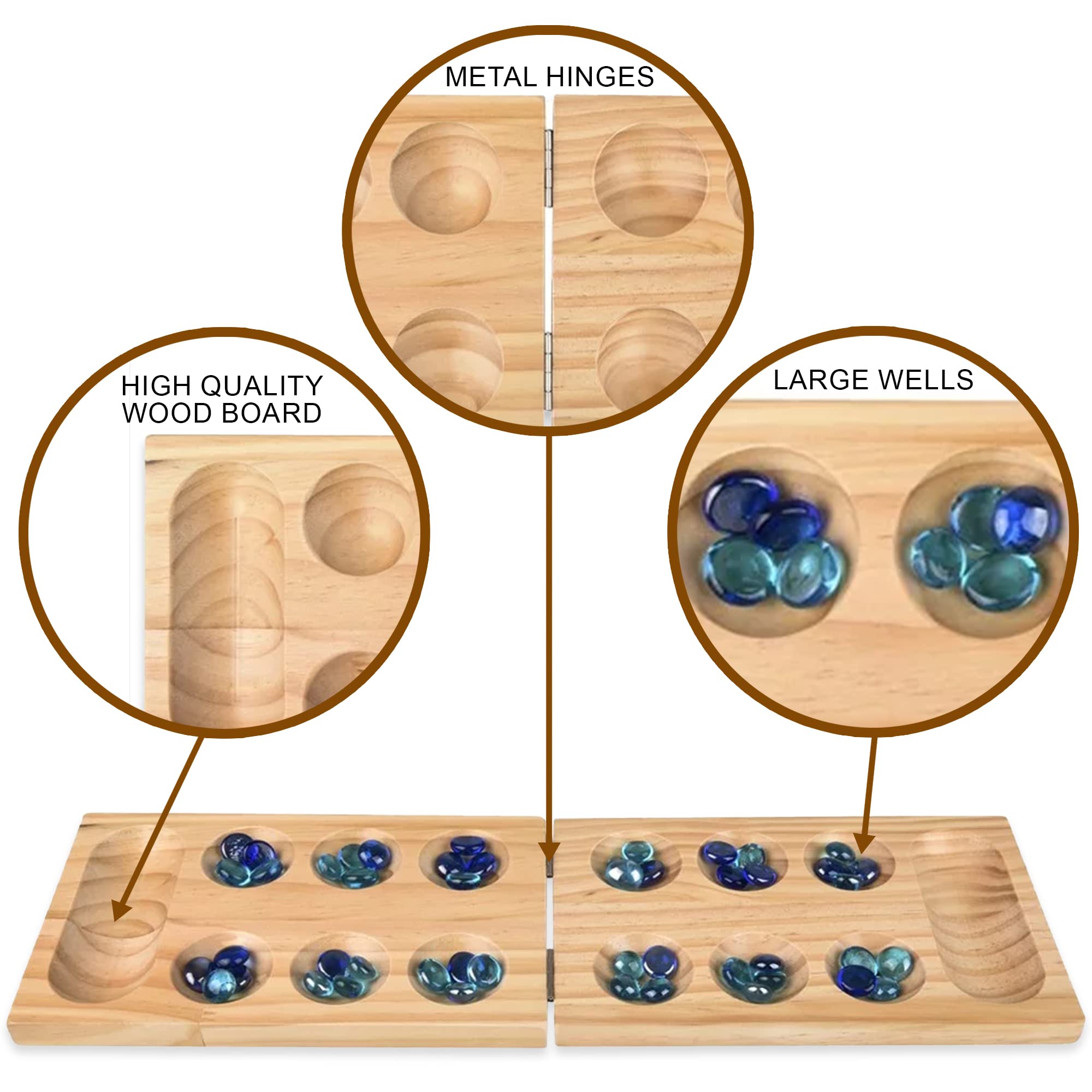 Gamie Wooden Mancala Board Game Set - Foldable Mancala with 48 Color Stones - Classic 2 Player Games for Adults and Kids with Instructions - Travel Board Games for Road Trips or Long Flights