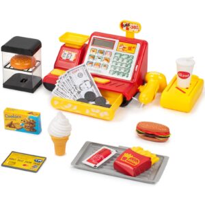 pretend play calculator cash register toy, supermarket shop toys cashier registers with scanner, microphone, play food, credit card, money - pre-school gift for kids, toddlers, boys & girls, ages 3+