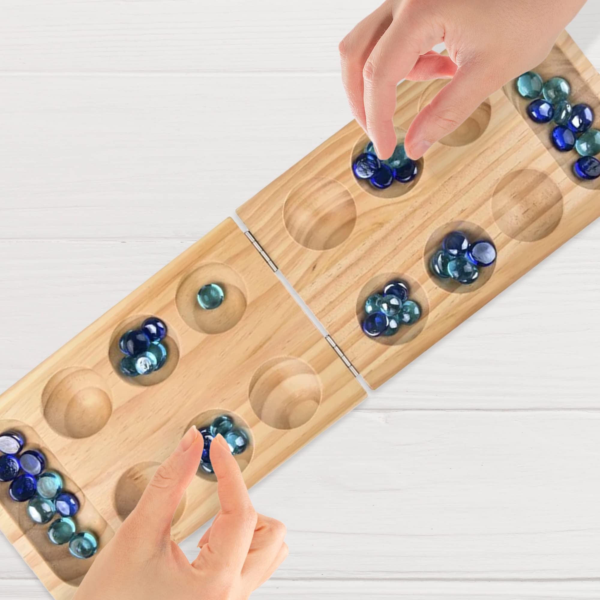 Gamie Wooden Mancala Board Game Set - Foldable Mancala with 48 Color Stones - Classic 2 Player Games for Adults and Kids with Instructions - Travel Board Games for Road Trips or Long Flights