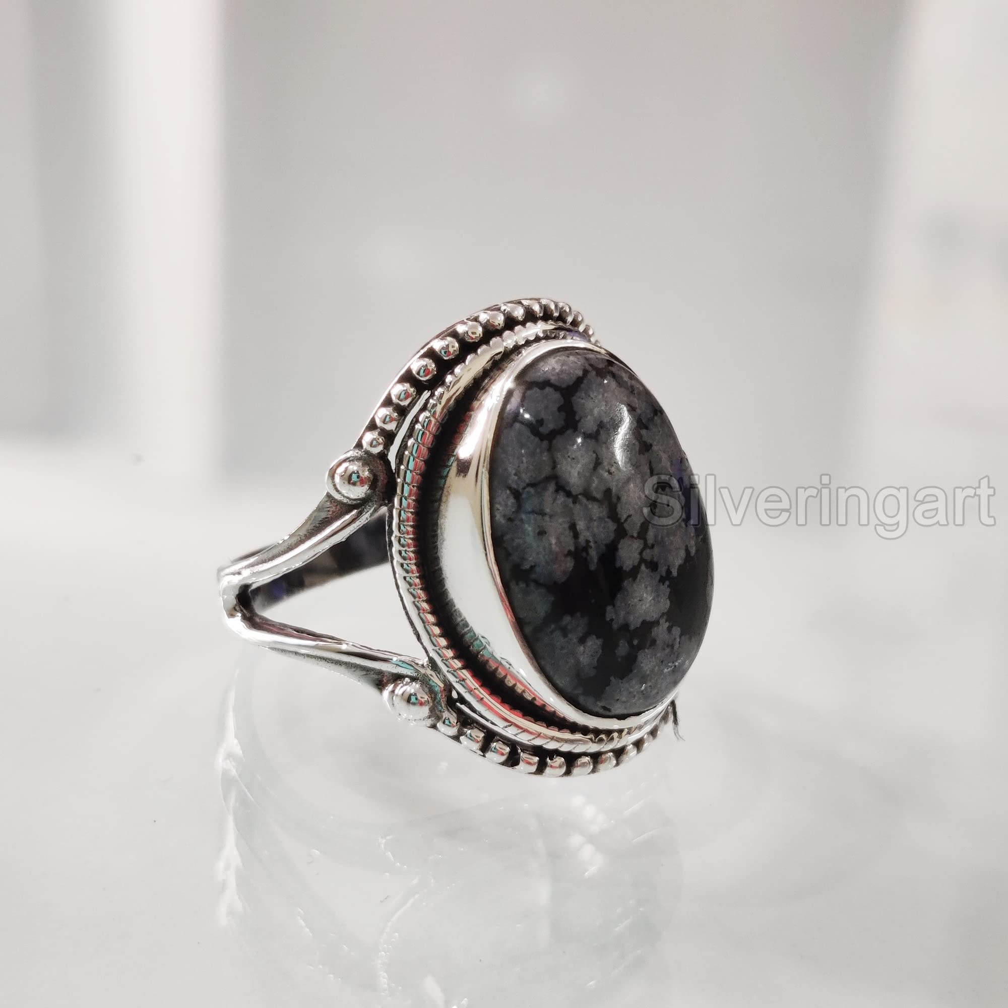 Natural Snowflake Obsidian Ring, Snowflake Obsidian Ring, Birthstone, Bohemian Band, 925 Sterling Silver, Womens Ring, Christmas, Thanksgiving, Handmade, Statement Jewelry, Natural Gemstone Ring