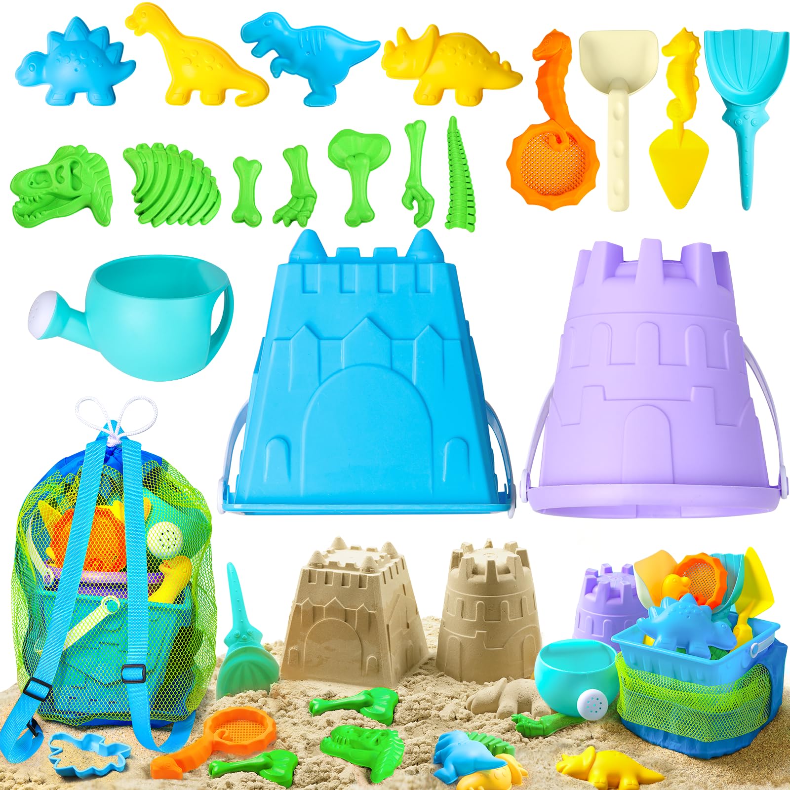 DISHIO Beach Sand Toys for Kids Sand Box Beach Toys with Mesh Bag,Sand Castle Bucket and Shovel,Sand Molds,Waterig Can, Sieve, Dinosaur Beach Toys Kit for Kids&Toddlers Outdoor Travel 18pcs