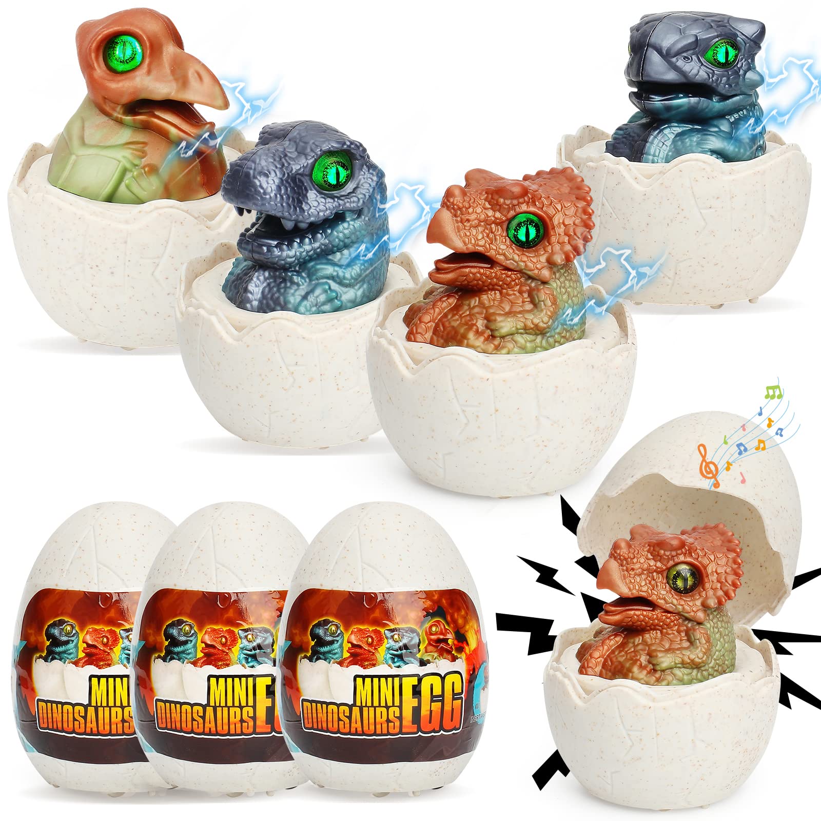 Easter Basket Stuffers Toys Gifts for Toddlers Kids 1, 2, 3, 4, 5+ Year Old, Easter Egg Hunt Dinosaur Car Toy, 4 Pack Press and Go Small Dinos Egg Trucks with Sounds & Lights, Kids Prizes Party Favors