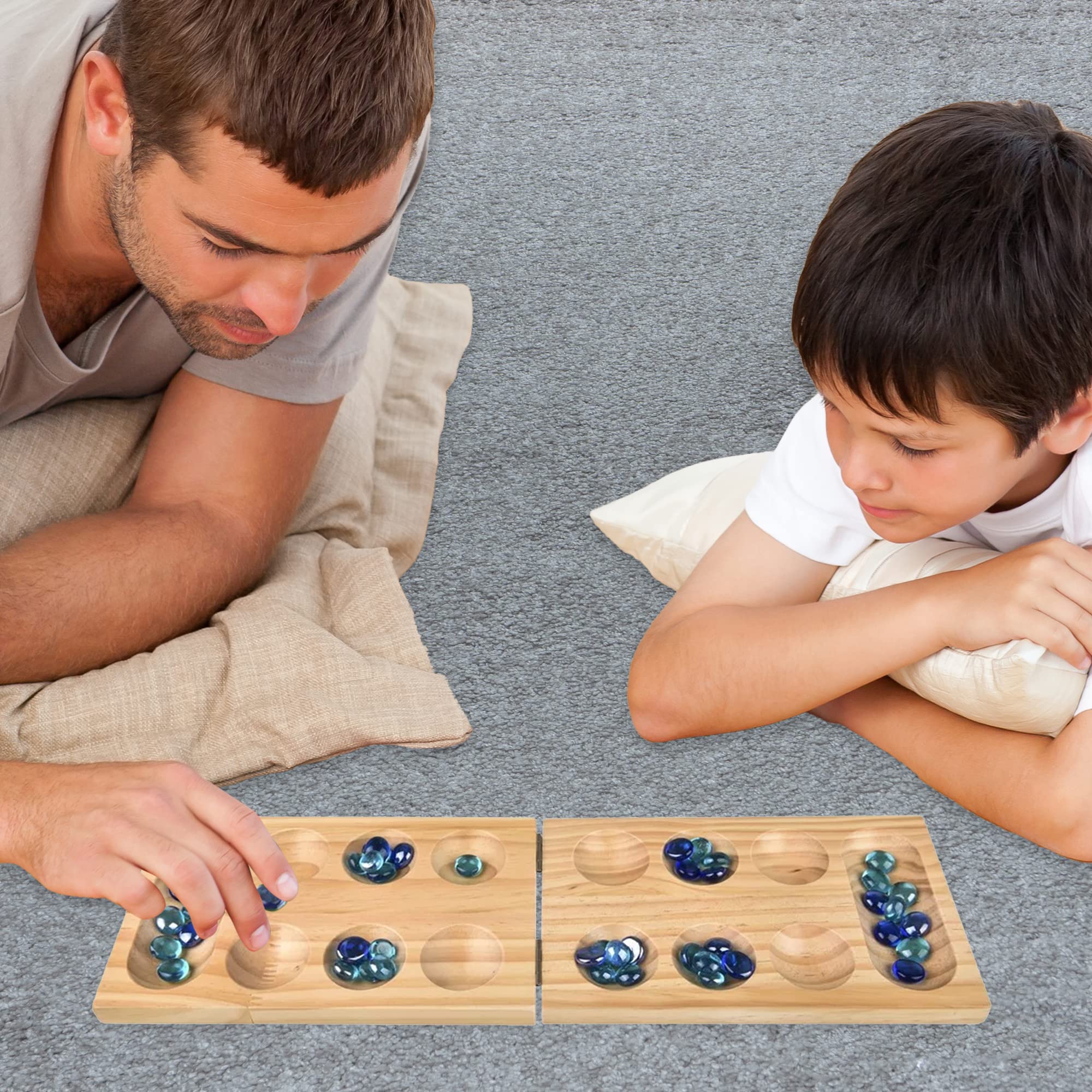 Gamie Wooden Mancala Board Game Set - Foldable Mancala with 48 Color Stones - Classic 2 Player Games for Adults and Kids with Instructions - Travel Board Games for Road Trips or Long Flights