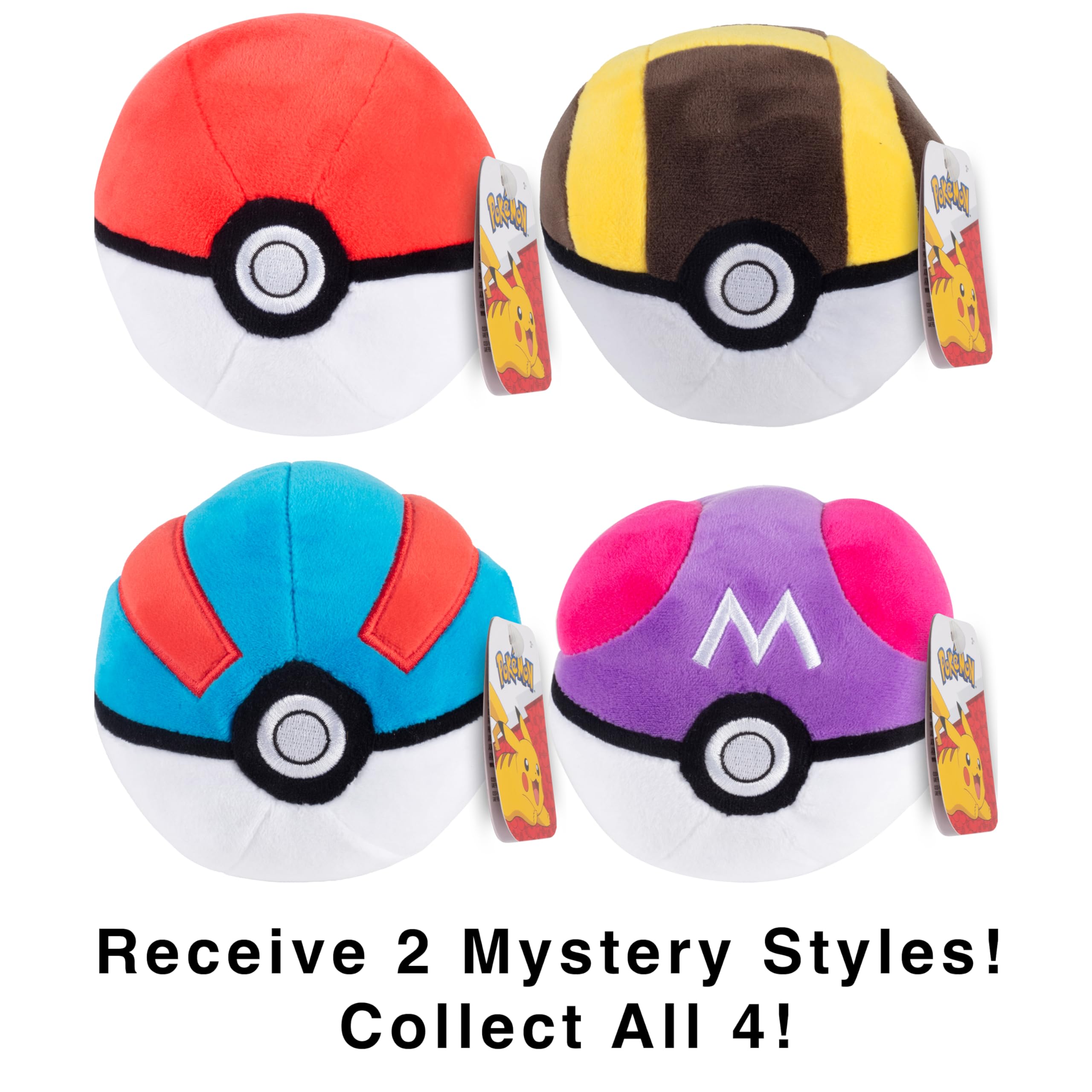 PoKémon Pokéball Plush Assorted Blind Box 2-Pack - Receive 2 of 4 Ball Styles, 5" - Poke, Master, Ultra or Great Ball - Soft Stuffed Toys with Weighted Bottom - Officially Licensed - Gift for Kids