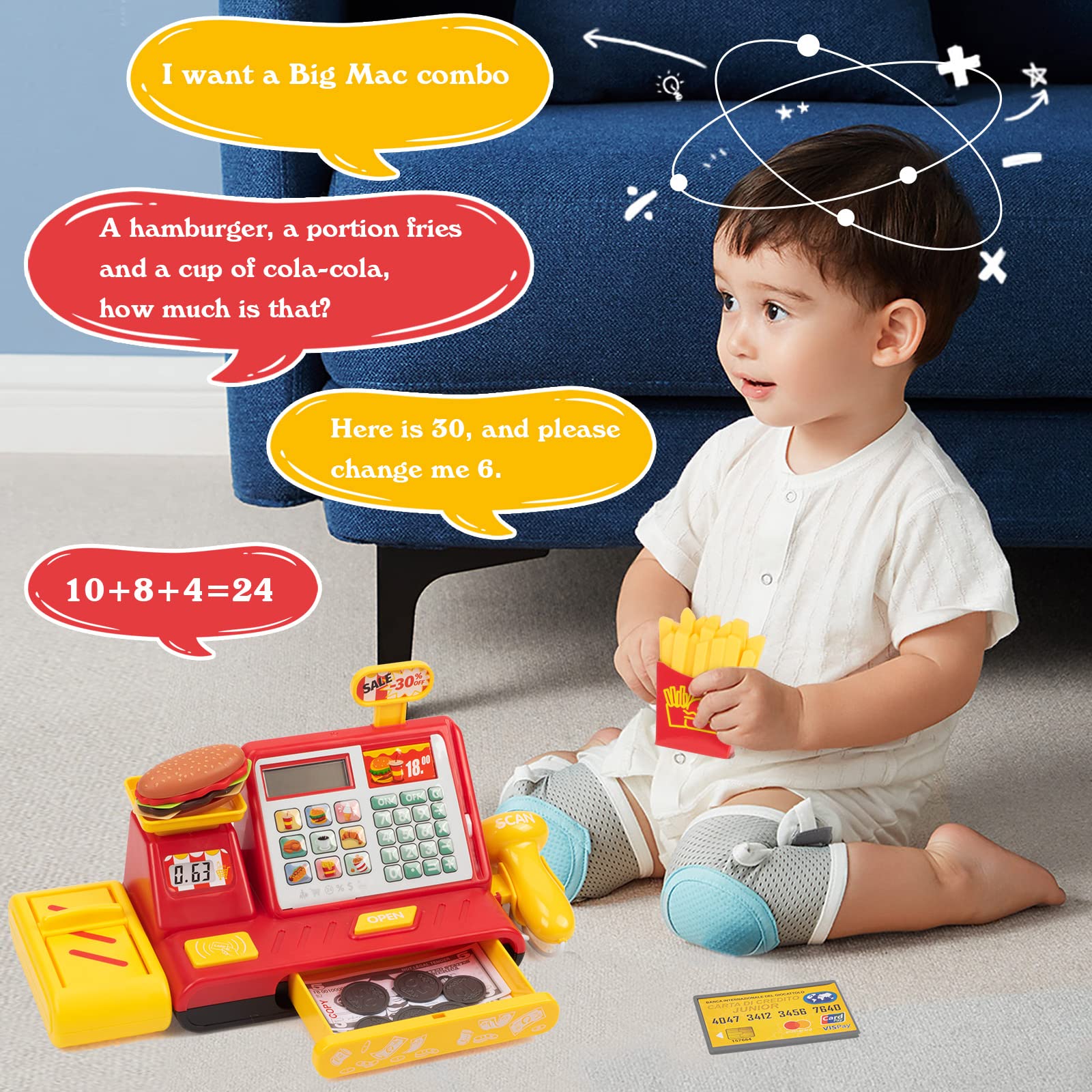 Pretend Play Calculator Cash Register Toy, Supermarket Shop Toys Cashier Registers with Scanner, Microphone, Play Food, Credit Card, Money - Pre-School Gift for Kids, Toddlers, Boys & Girls, Ages 3+