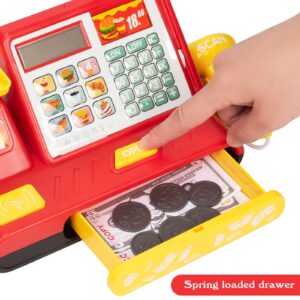 Pretend Play Calculator Cash Register Toy, Supermarket Shop Toys Cashier Registers with Scanner, Microphone, Play Food, Credit Card, Money - Pre-School Gift for Kids, Toddlers, Boys & Girls, Ages 3+