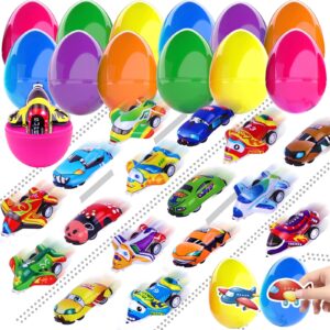 joicee easter eggs pre filled with pull back ca0rs planes, plastic easter eggs with 24pcs cars and airplane toys and fun tattoos for easter party favors classroom activity gifts for boys