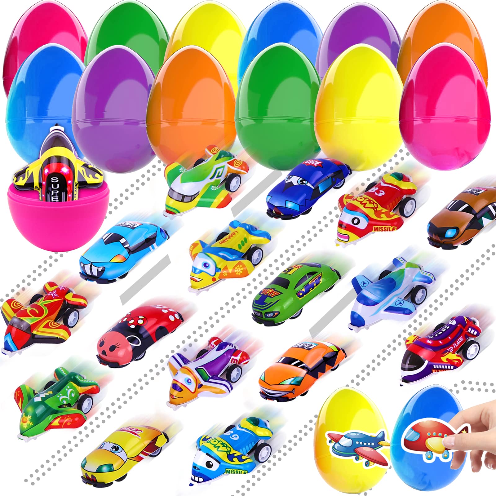 JOICEE Easter Eggs Pre Filled with Pull Back Ca0rs Planes, Plastic Easter Eggs with 24pcs Cars and Airplane Toys and Fun Tattoos for Easter Party Favors Classroom Activity Gifts for Boys