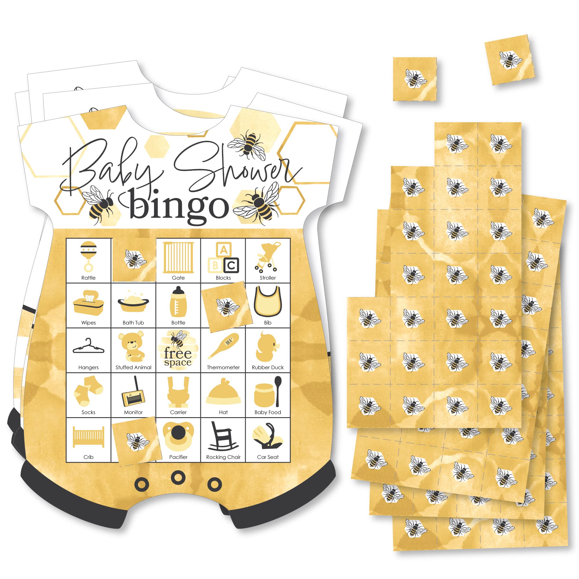 Big Dot of Happiness Little Bumblebee - Picture Bingo Cards and Markers - Baby Shower Shaped Bingo Game - Set of 18