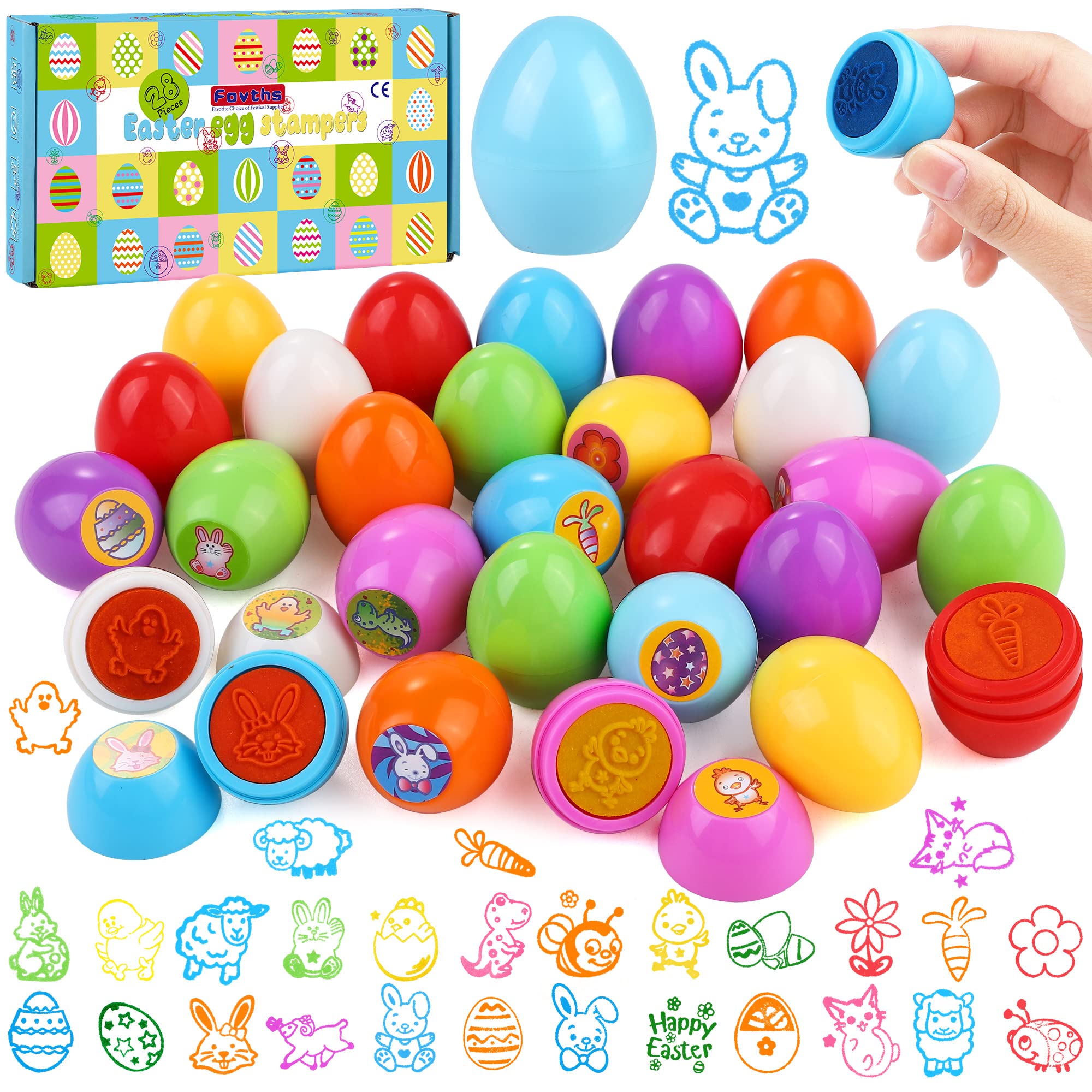 Fovths 28 Pack Easter Egg Stampers Assorted Self-ink Stamp Basket Stuffers Easter Hunt Easter Party Favor for Easter DIY Crafts Classroom Prize Supplies