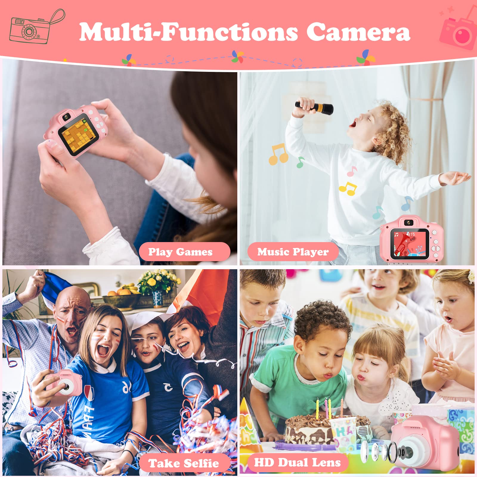 Zeacool Kids Camera,HD Digital Video Camera,Childrens Toys for 3 4 5 6 7 8 9 10 11 12 Year Old Boys/Girls,Selfie Camera for Kids,Christmas Birthday Gifts with 32GB SD Card(Pink)