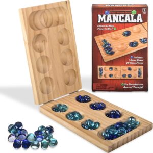 gamie wooden mancala board game set - foldable mancala with 48 color stones - classic 2 player games for adults and kids with instructions - travel board games for road trips or long flights