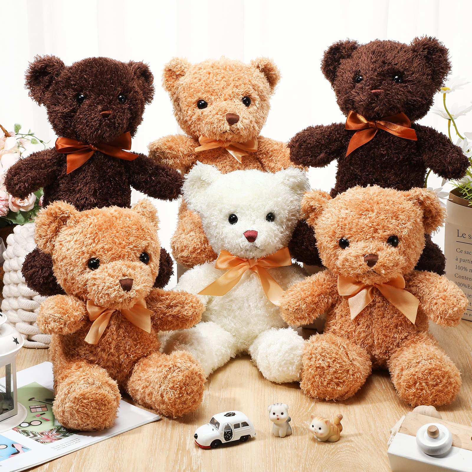 18 Pcs Bear Stuffed Animals Bulk 12 Inch Soft Plush Bears Doll Small Stuffed Bear Toy with Bows for Boy Girl Baby Shower Christmas Birthday Decor Gift Party Favors, White, Dark Brown, Light Brown