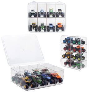 8 Slots Acrylic Toy Cars Display Case Fit for Monster Jam Trucks, Transparent Display Storage Case Holds 8 Monster Jam Truncks, Large Slots Toy Trucks Storage with Detachable Dividers