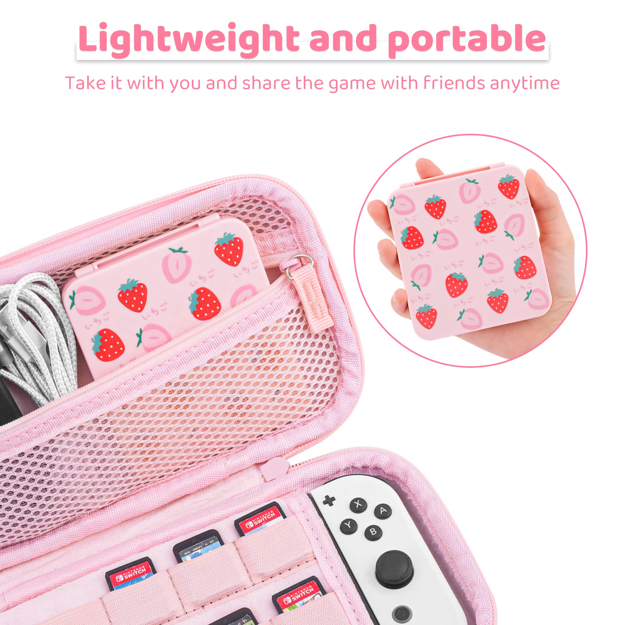 FUNDIARY Pink Strawberry Card Case for Nintendo Switch and Switch OLED Games, Cute Magnetic Card Cartridge for 12 Game Card and 12 SD Card, Hard Storage Case with 12 Game Card Slots