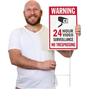 SmartSign 12" x 18" (2-Pack) 24 Hour Video Surveillance No Trespassing Yard Sign with 15" Metal H-Stake, Double Sided, Large 160 mil Thick Corrugated Plastic Lawn Signs, Water Resistant, USA-Made