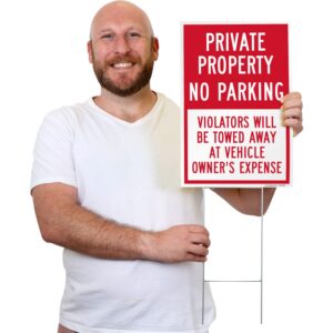 SmartSign 12" x 18" (2-Pack) Private Property No Parking Violators Towed Yard Sign with 15" Metal H-Stake, Double Sided, Large 160 mil Thick Corrugated Plastic Lawn Signs, Water Resistant, USA-Made