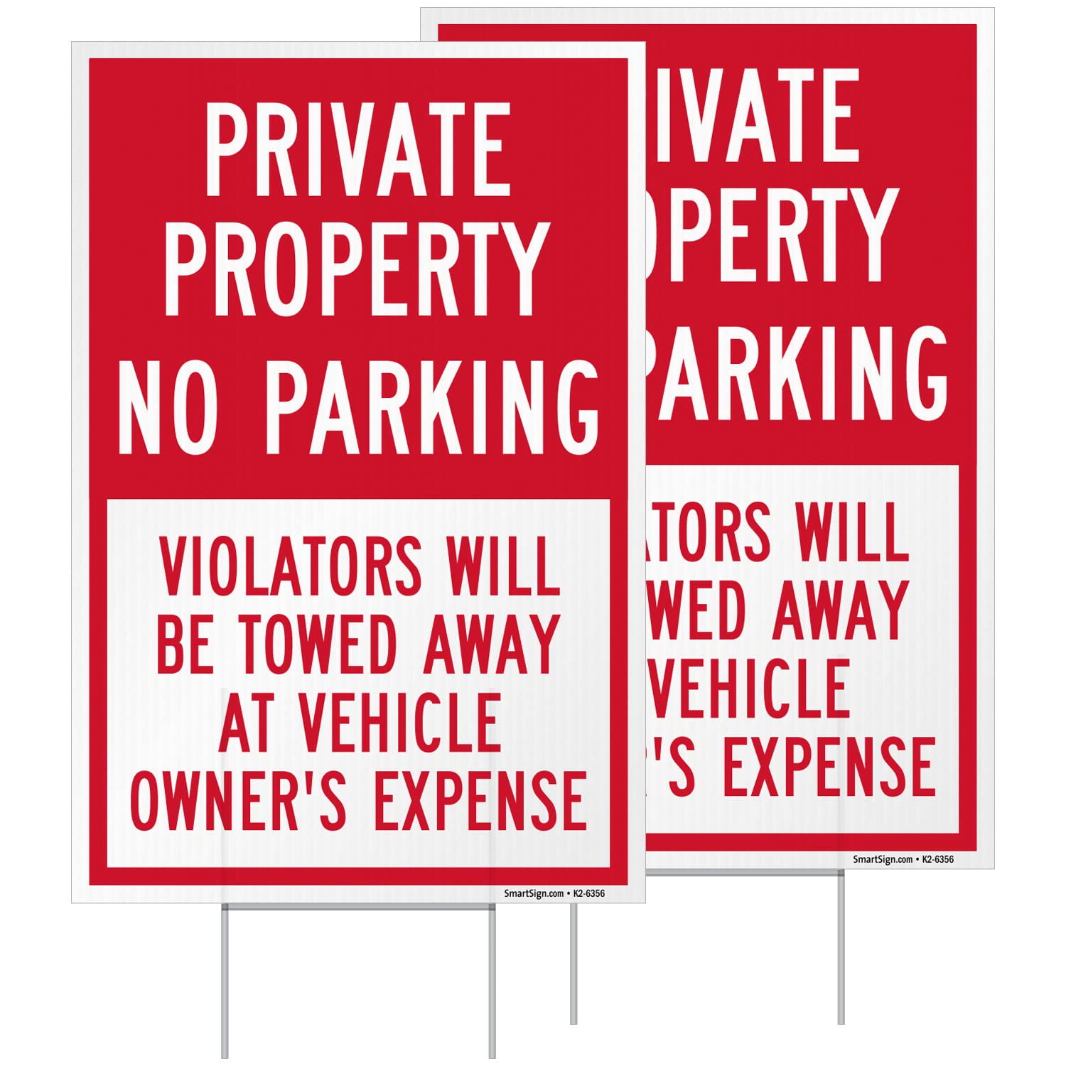 SmartSign 12" x 18" (2-Pack) Private Property No Parking Violators Towed Yard Sign with 15" Metal H-Stake, Double Sided, Large 160 mil Thick Corrugated Plastic Lawn Signs, Water Resistant, USA-Made