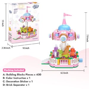 Finebely Dream Girls Fairground Carousel Toys Building Sets, Friends Amusement Park Rotating 4-Horse Carousel Building Kit, Merry Go Round Carousel Model Gift for Girls Kids 6-12, 430 PCS