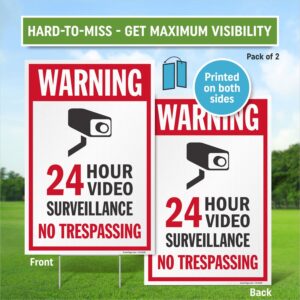 SmartSign 12" x 18" (2-Pack) 24 Hour Video Surveillance No Trespassing Yard Sign with 15" Metal H-Stake, Double Sided, Large 160 mil Thick Corrugated Plastic Lawn Signs, Water Resistant, USA-Made