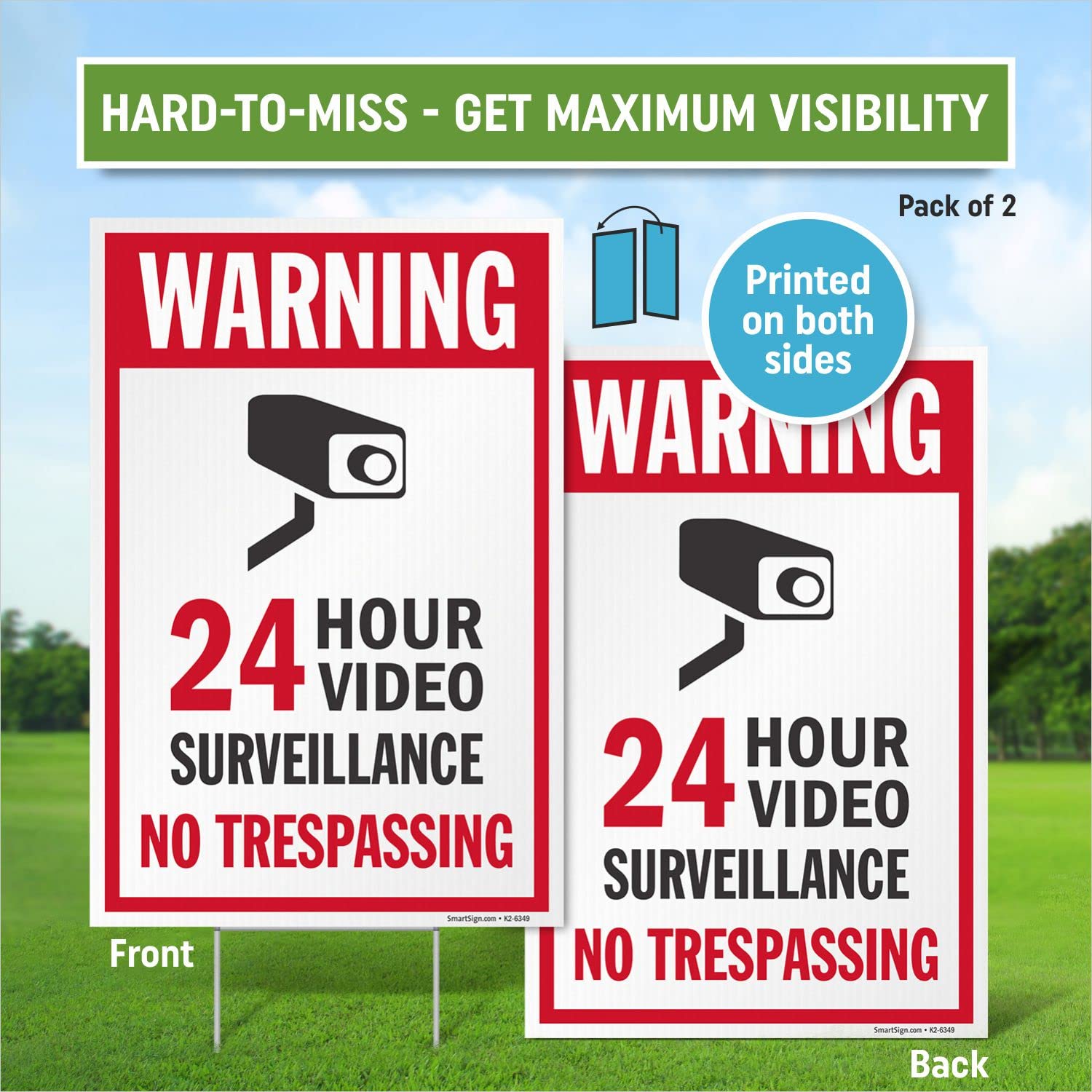 SmartSign 12" x 18" (2-Pack) 24 Hour Video Surveillance No Trespassing Yard Sign with 15" Metal H-Stake, Double Sided, Large 160 mil Thick Corrugated Plastic Lawn Signs, Water Resistant, USA-Made