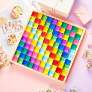 Meooeck 100 Pcs Acrylic Gem Cubes Blocks Translucent Rainbow Building Cubes Crystal Acrylic Cubes Educational Sensory Training Crystal Toys with Wooden Storage Boxes for Boys Girls Play