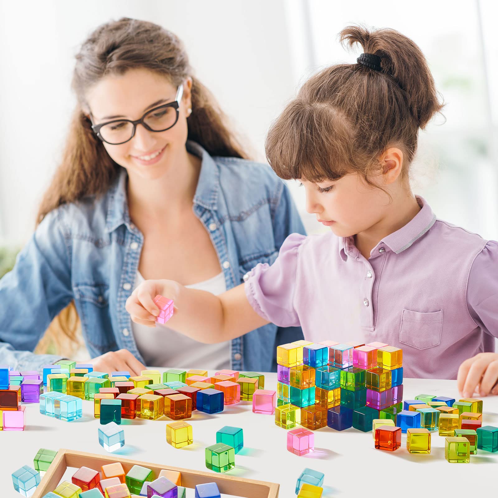 Meooeck 100 Pcs Acrylic Gem Cubes Blocks Translucent Rainbow Building Cubes Crystal Acrylic Cubes Educational Sensory Training Crystal Toys with Wooden Storage Boxes for Boys Girls Play