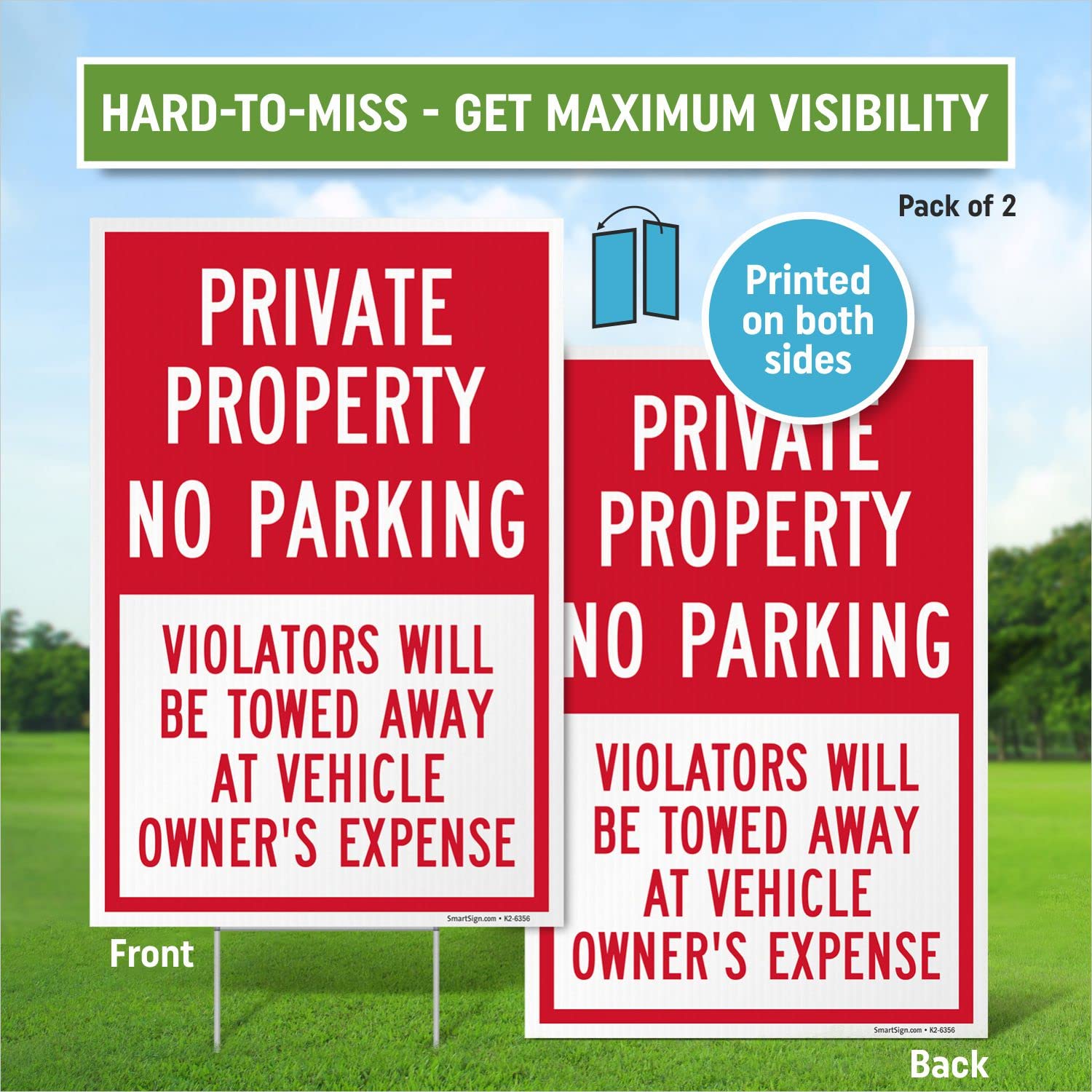 SmartSign 12" x 18" (2-Pack) Private Property No Parking Violators Towed Yard Sign with 15" Metal H-Stake, Double Sided, Large 160 mil Thick Corrugated Plastic Lawn Signs, Water Resistant, USA-Made