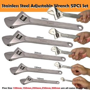 WEDO 5Pcs Stainless Steel Adjustable Wrench Set, Adjustable Spanner, Precision Milled Jaws for Max Gripping Power, Anti-Corrosion, DIN Standard, Die-forged, Rust-Proof(Length 4”,6”,8”,10”,12”)