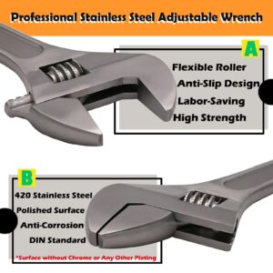 WEDO 5Pcs Stainless Steel Adjustable Wrench Set, Adjustable Spanner, Precision Milled Jaws for Max Gripping Power, Anti-Corrosion, DIN Standard, Die-forged, Rust-Proof(Length 4”,6”,8”,10”,12”)