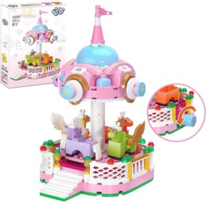 finebely dream girls fairground carousel toys building sets, friends amusement park rotating 4-horse carousel building kit, merry go round carousel model gift for girls kids 6-12, 430 pcs