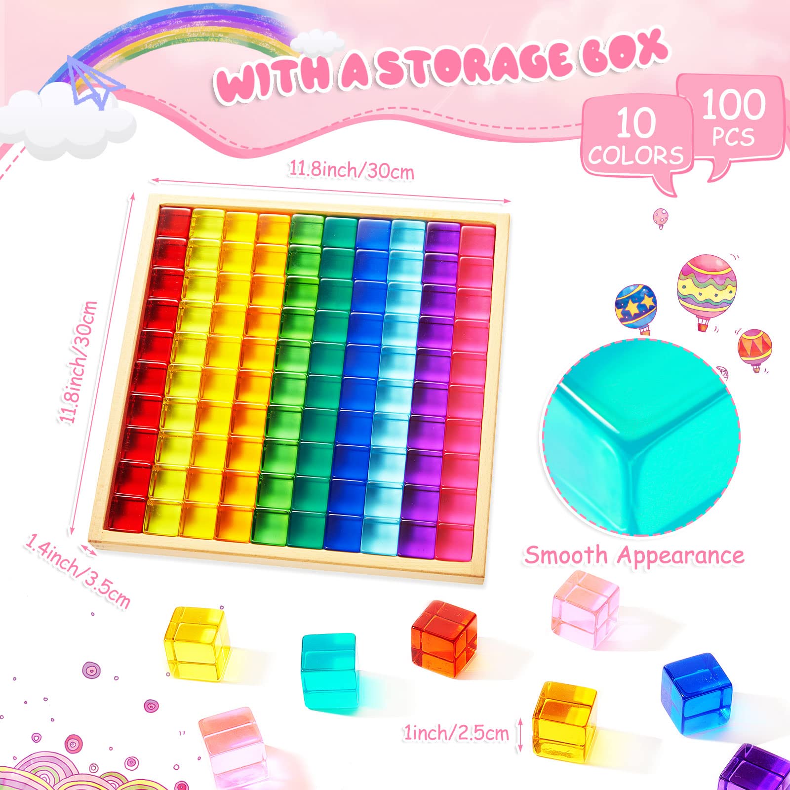 Meooeck 100 Pcs Acrylic Gem Cubes Blocks Translucent Rainbow Building Cubes Crystal Acrylic Cubes Educational Sensory Training Crystal Toys with Wooden Storage Boxes for Boys Girls Play