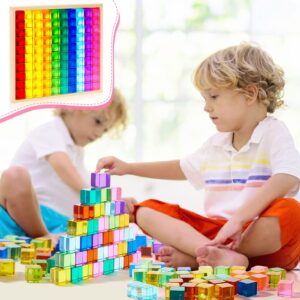 Meooeck 100 Pcs Acrylic Gem Cubes Blocks Translucent Rainbow Building Cubes Crystal Acrylic Cubes Educational Sensory Training Crystal Toys with Wooden Storage Boxes for Boys Girls Play