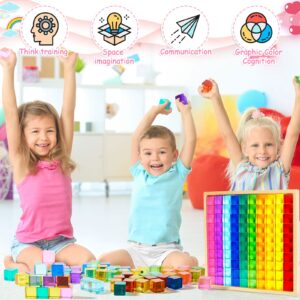 Meooeck 100 Pcs Acrylic Gem Cubes Blocks Translucent Rainbow Building Cubes Crystal Acrylic Cubes Educational Sensory Training Crystal Toys with Wooden Storage Boxes for Boys Girls Play