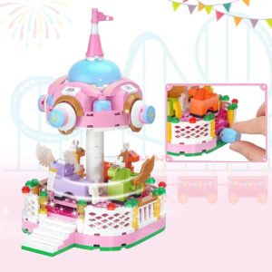 Finebely Dream Girls Fairground Carousel Toys Building Sets, Friends Amusement Park Rotating 4-Horse Carousel Building Kit, Merry Go Round Carousel Model Gift for Girls Kids 6-12, 430 PCS