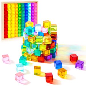 Meooeck 100 Pcs Acrylic Gem Cubes Blocks Translucent Rainbow Building Cubes Crystal Acrylic Cubes Educational Sensory Training Crystal Toys with Wooden Storage Boxes for Boys Girls Play