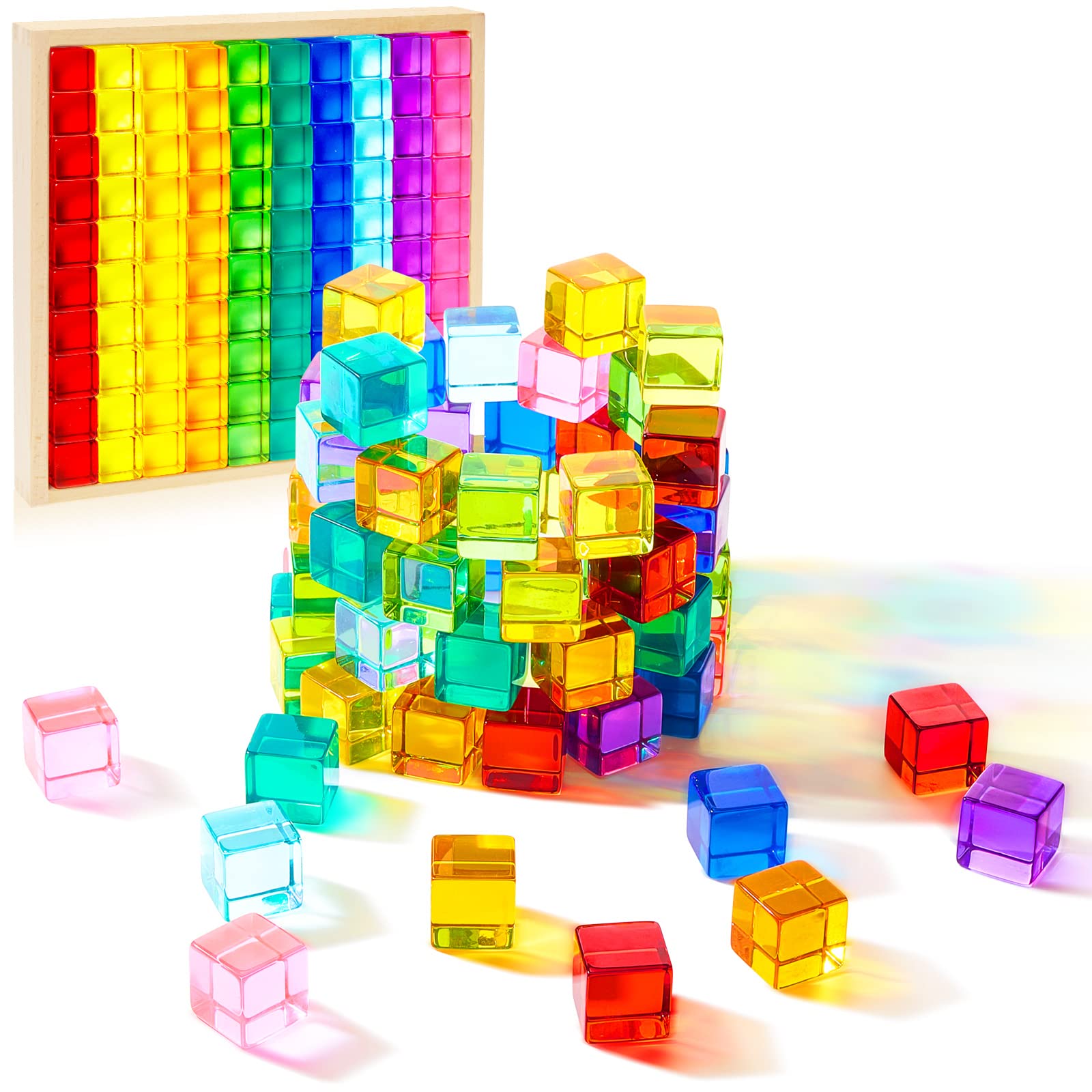 Meooeck 100 Pcs Acrylic Gem Cubes Blocks Translucent Rainbow Building Cubes Crystal Acrylic Cubes Educational Sensory Training Crystal Toys with Wooden Storage Boxes for Boys Girls Play