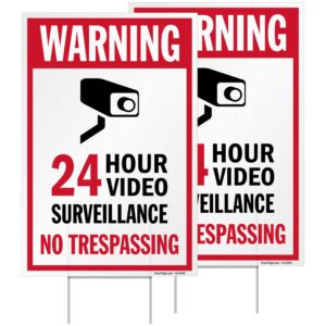 smartsign 12" x 18" (2-pack) 24 hour video surveillance no trespassing yard sign with 15" metal h-stake, double sided, large 160 mil thick corrugated plastic lawn signs, water resistant, usa-made